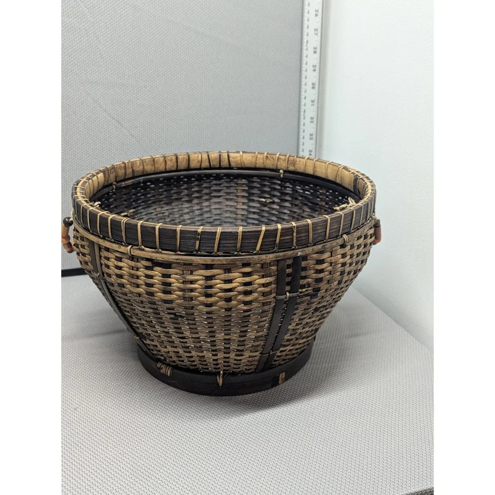 VTG Handcrafted Woven Bamboo Basket Two Tone Round Storage w/ Wood Bead Handles